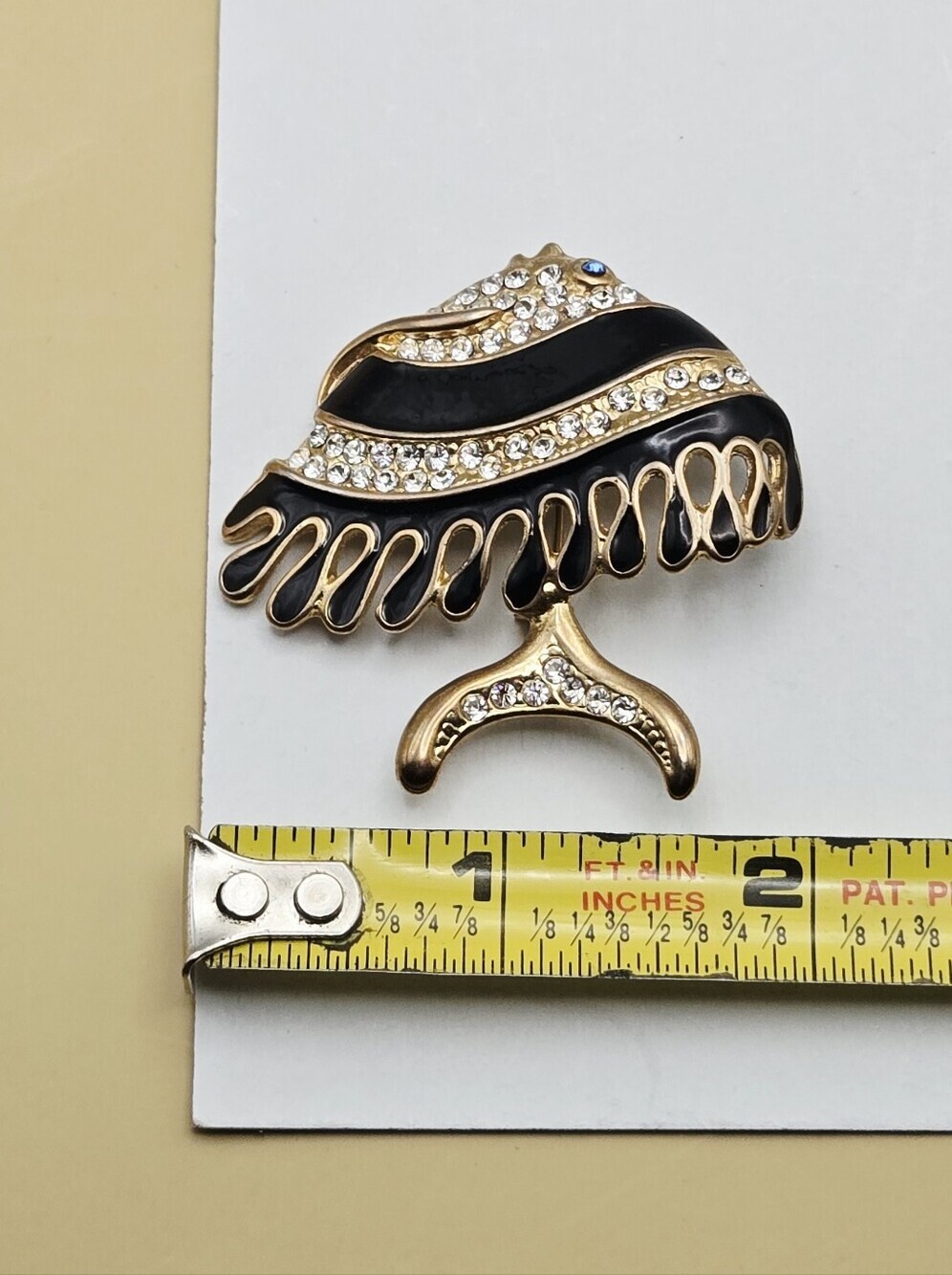 Vintage Gold Tone Black Enamel Angel Fish Brooch with Crystal Accents - Picture 8 of 16